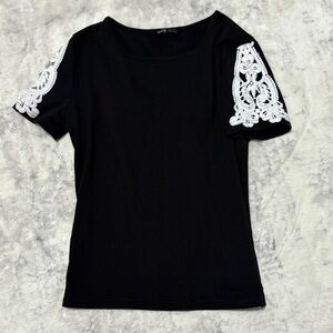 Black Short Sleeve Tee with White Lace Shoulder Panels